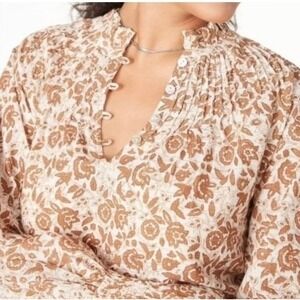 Cleobella Blouse Womens Small Tan Floral Woodblock Print Smocked Ruffle Cotton